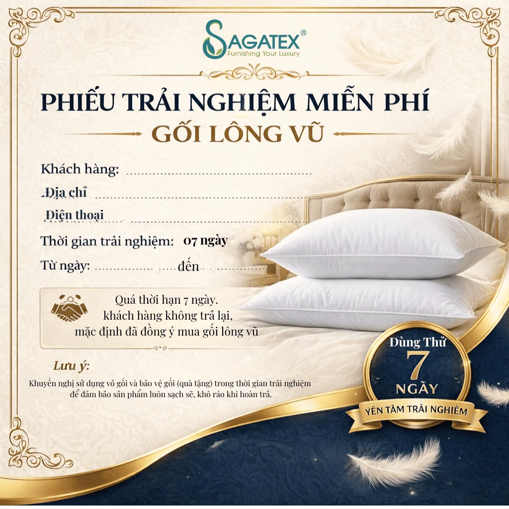 Alternative view of Gối Lông Vũ Tự Nhiên 100% SAGATEX Chuẩn Khách Sạn 5 Sao – Êm Ái, Nâng Đỡ Cổ Vai, Ngủ Sâu Trọn Đêm