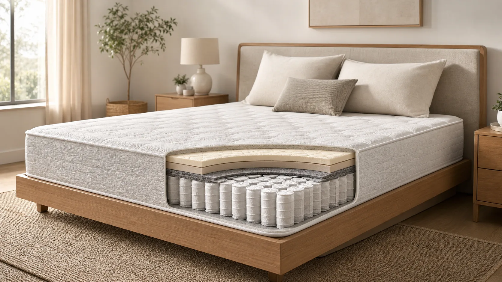 Minh họa cấu tạo nệm lò xo túi độc lập với các lớp tiện nghi và lõi lò xo bọc túi
