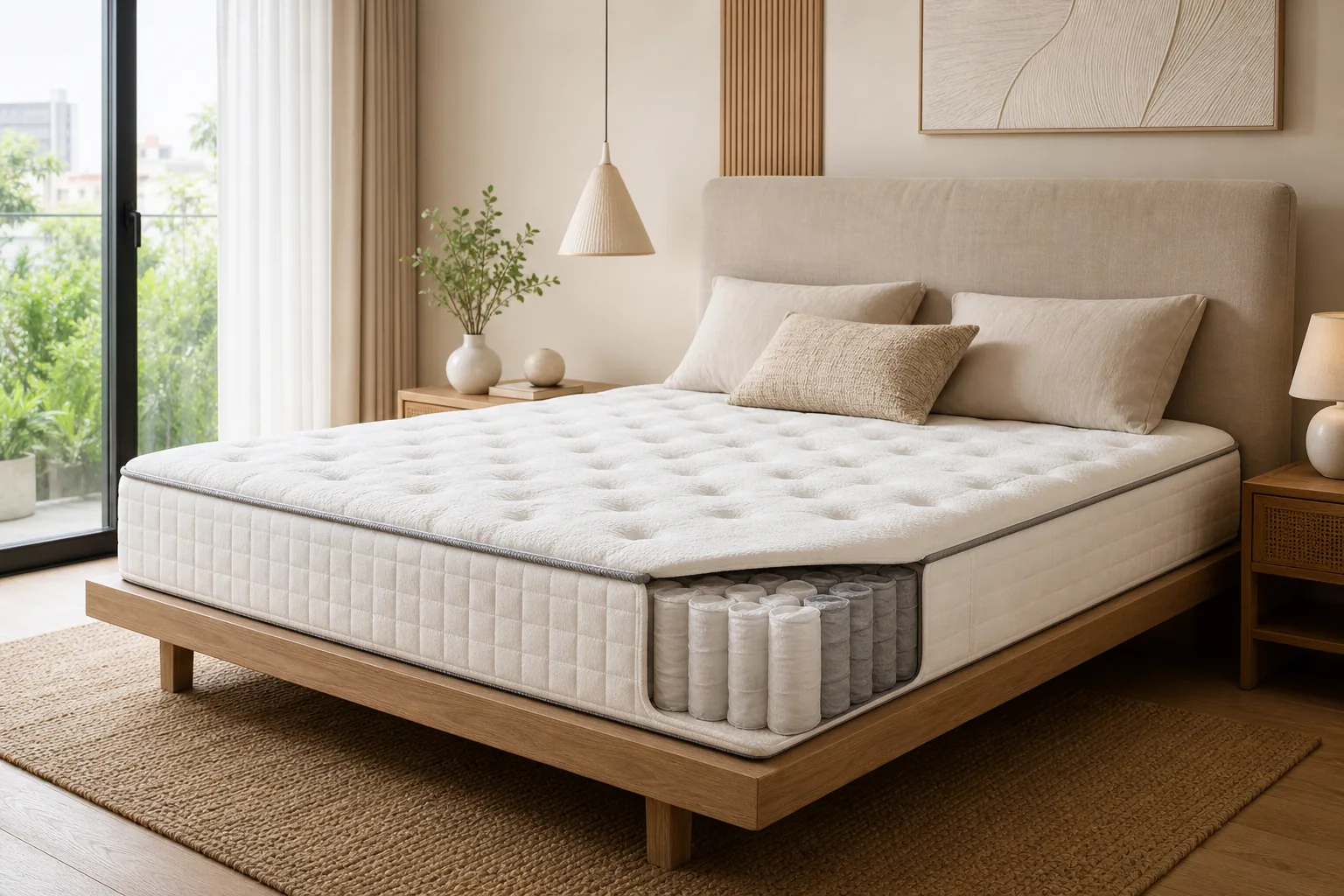 Phòng ngủ hiện đại với nệm lò xo túi độc lập minh họa cách cân nhắc ưu và nhược điểm