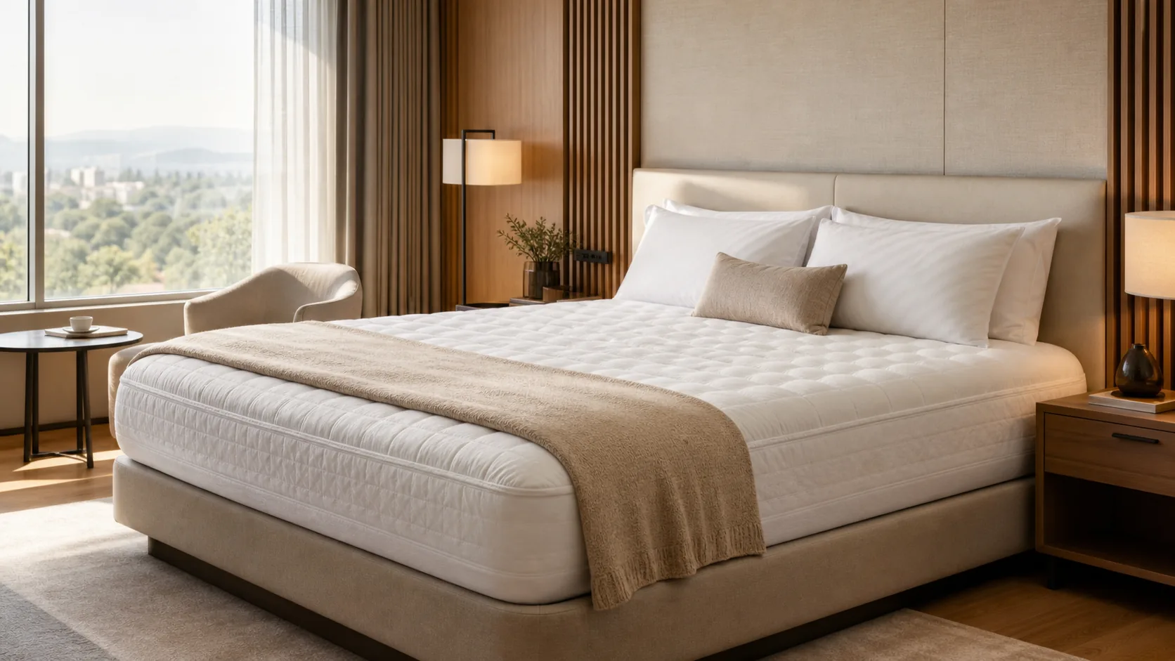Phòng ngủ khách sạn thanh lịch với nệm dày êm ái