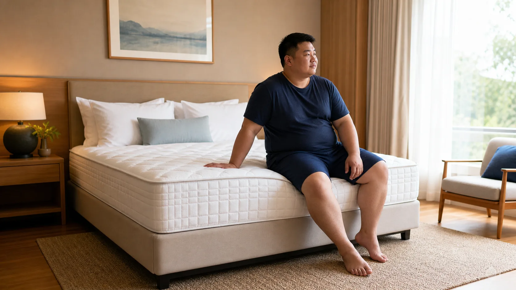 Người có vóc dáng lớn thử độ nâng đỡ của nệm trong phòng ngủ hiện đại